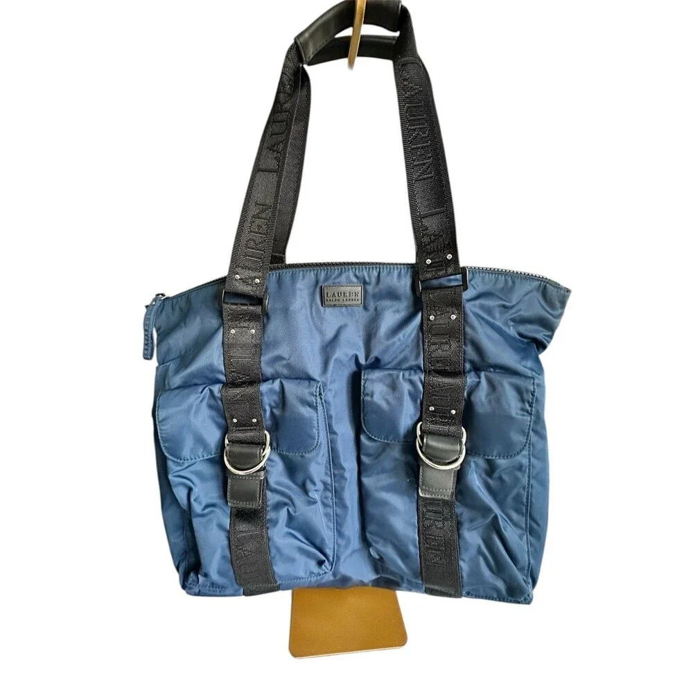 Lauren Ralph Lauren Navy Blue Nylon Duffel Overnight Weekend Travel Tote Bag
